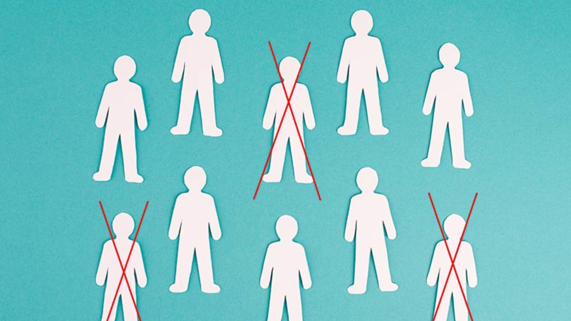 Imagen azul con figuras blancas de personas. Algunas de ellas están tachadas con una cruz simbolizando la discriminación.