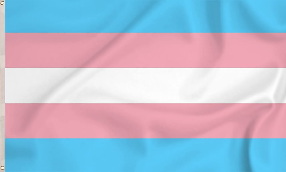 Bandera trans con franjas azules, rosas y blancas