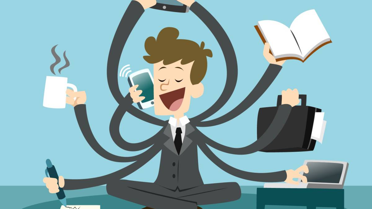 Un dibujo de un señor que tiene varios brazos y está haciendo muchos trabajos de oficina a la vez