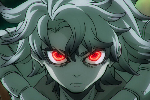 Rudo, protagonista de Gachiakuta, mirando a cámara con los ojos rojos brillantes