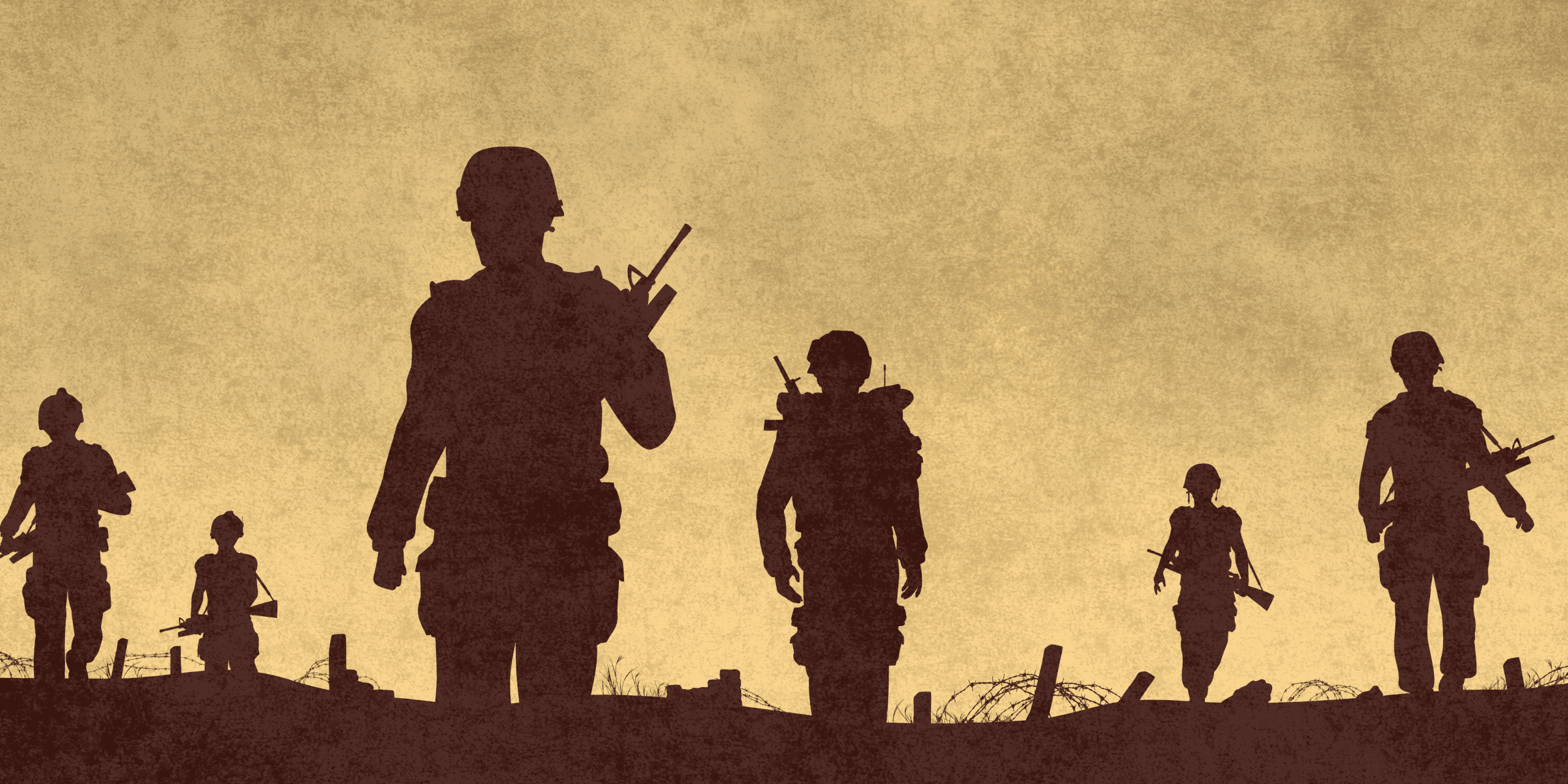 Siluetas de soldados andando durante una guerra.