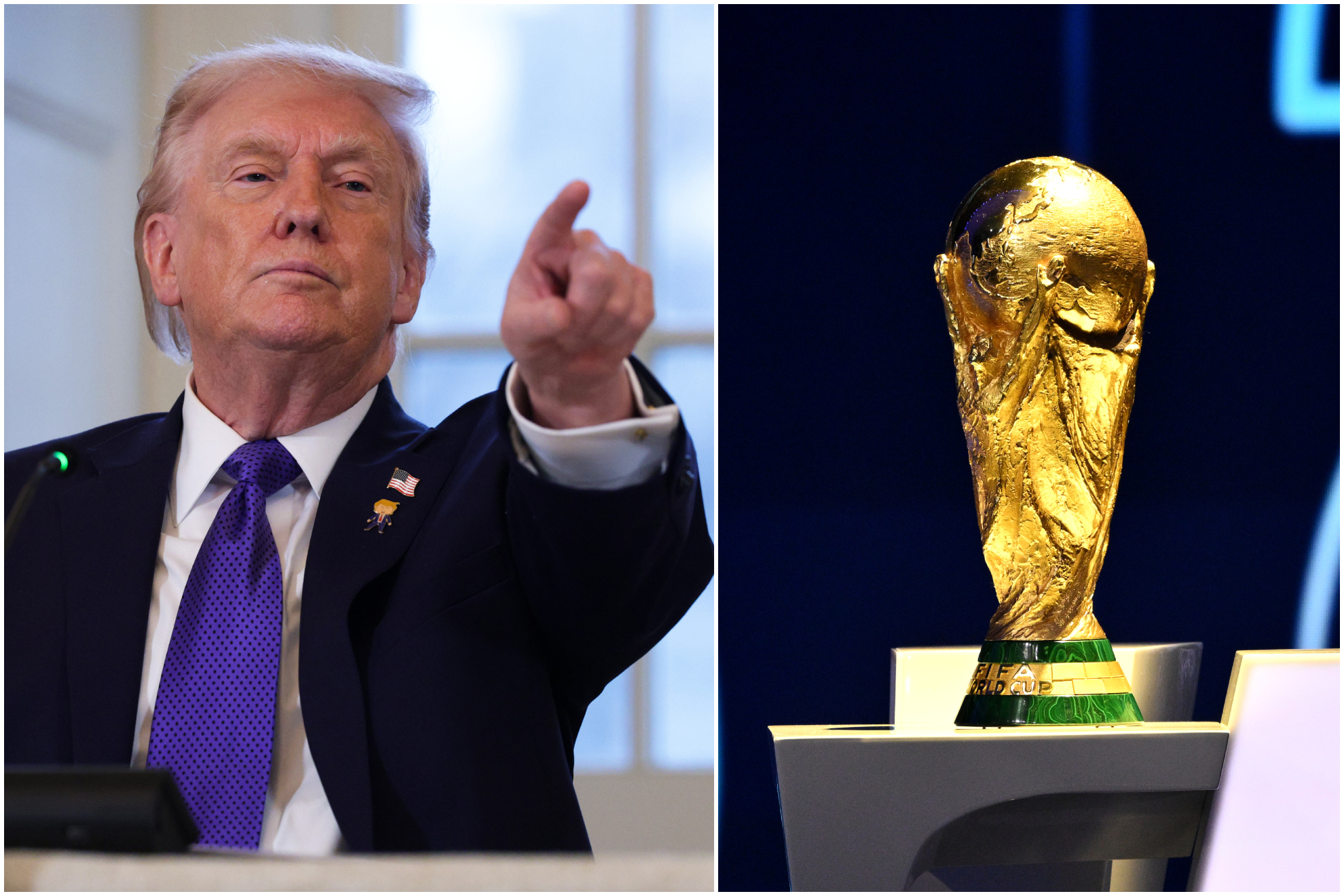 Dos imágenes. Donald Trump señalando hacia adelante. Y la Copa del Mundo en una mesa. 