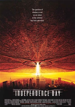 Cartel de la película Independence Day con una nave gigante en el cielo.